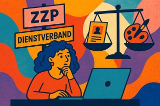 Onderwijs - Professionalisering - tekening zzp'er/vrouw achter laptop met wegschaal